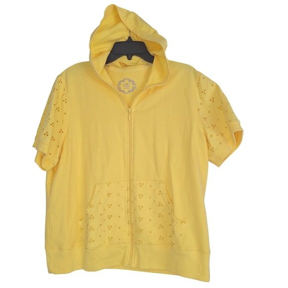 Cato Tops - Vintage Cottagecore Boho Bohemian Cotton Eyelet Zip Up Hoodie Yellow 18/20W Cato